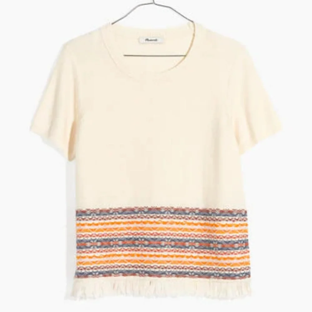 Madewell Fringed Jacquered Short Sleeve Sweater